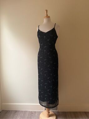 Vintage Y2K Black Rose Mesh Slip Dress | 90s Floral Maxi
